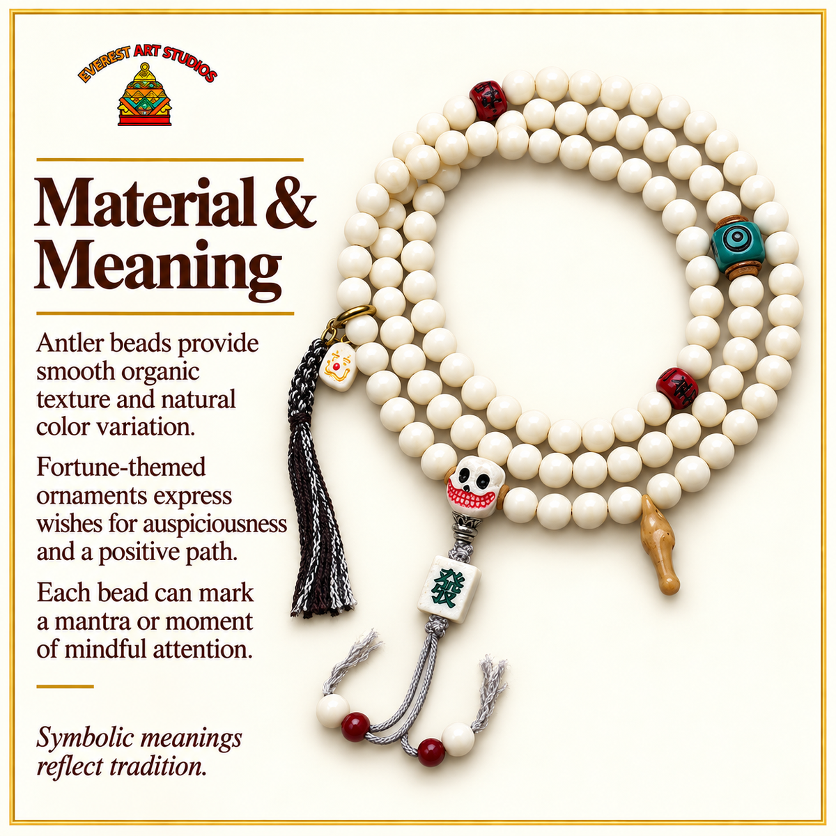 EverestArtstudios Geweih-Mala, 108 Perlen, Glücksanhänger – Material und traditionelle Symbolik