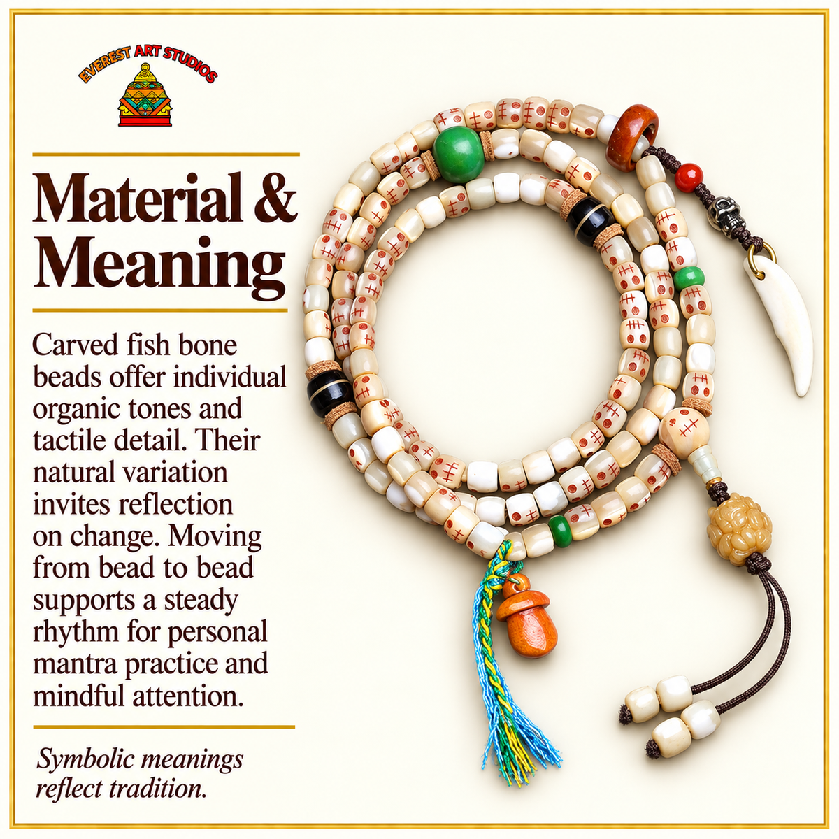 EverestArtstudios Fischknochen-Schnitzmala, 108 Perlen – Material und traditionelle Symbolik