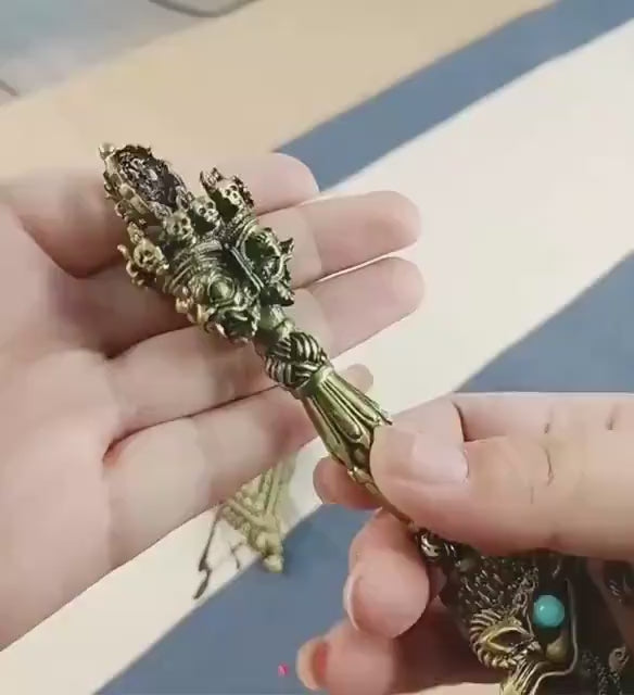 Load video: Handcrafted 8.5” Phurba Vajra Dagger Vintage Handmade Nepal Tibetan Pure Brass Amulet