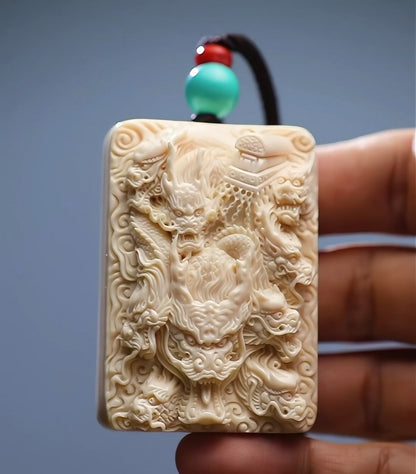 EverestArtStudios Natural Reclaimed Mammoth Ivory Nine Dragons Pendant, Hand Carved Dragon Amulet Necklace, Fortune Talisman Gift