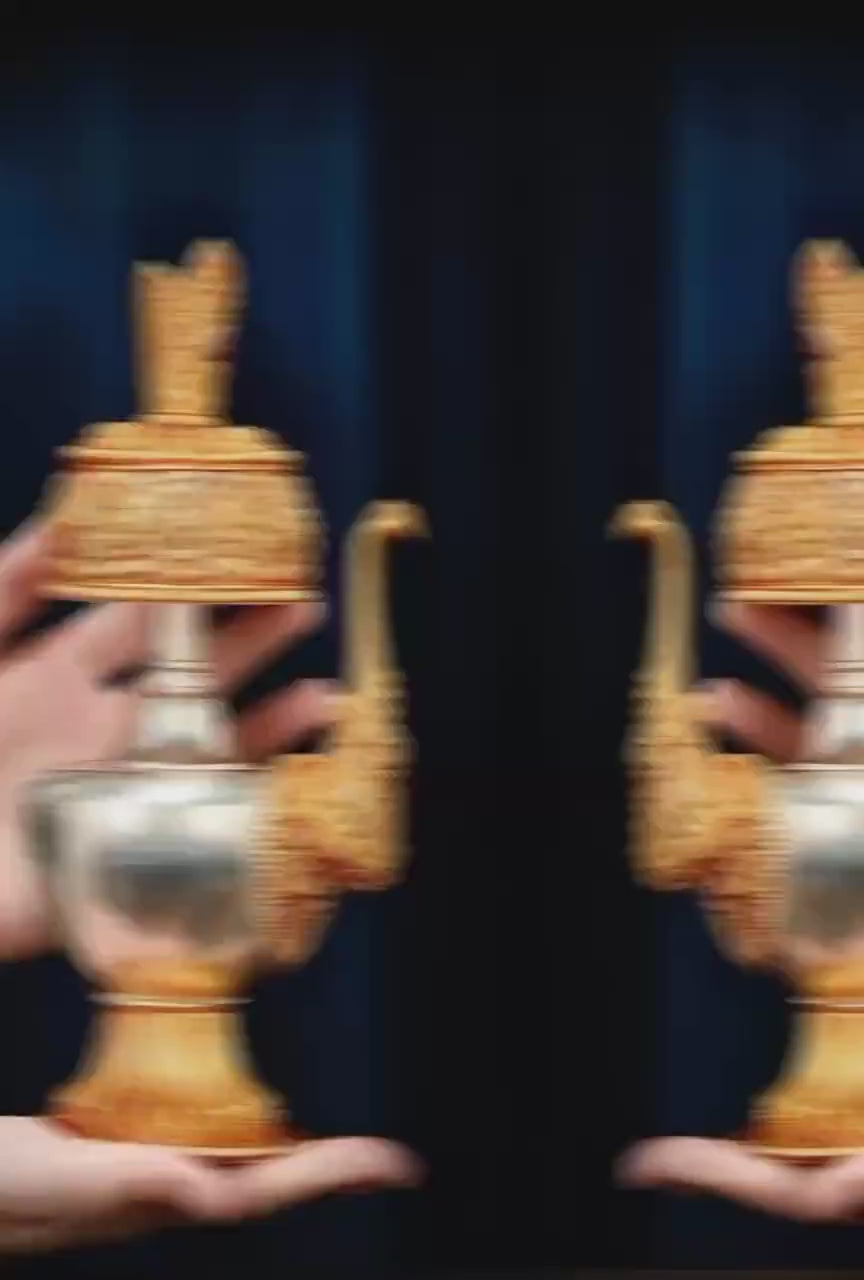 Load video: Nepali Handcrafted Copper Gold Silver Plated Bumpa Vase, Tibetan Ritual Water Pitcher, Himalayan Sacred Holy Water Pot Altar Decor