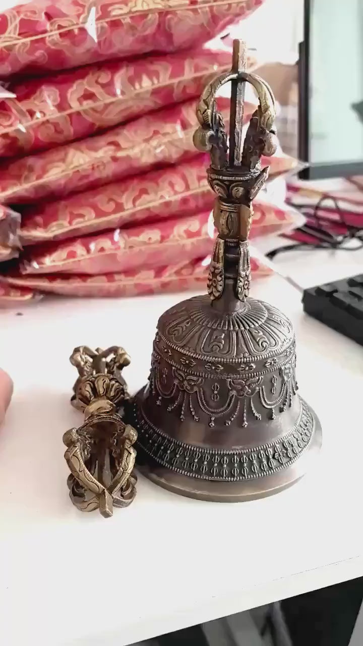 Load video: Handcrafted Brass Vajra Bell &amp; Dorje Set: Tibetan Buddhist Decor
