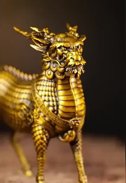 Load video: Brass Kylin Statue, Handcrafted Chinese Qilin Sculpture, Feng Shui Mythical Beast Figurine, Office Desk Decor Housewarming Business Gift