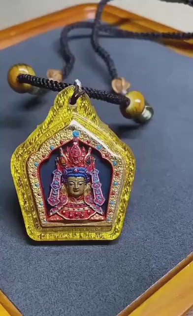 Load video: Handpainted Jowo Rinpoche Tsa Tsa, Tibetan Buddha Sacred Medicine Clay Amulet, Mineral Pigment Gau Box Pendant, Miniature Thangka Gift
