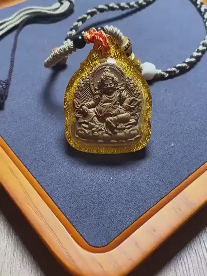 Tibetan Yellow Jambhala Medicine Tsa Tsa Pendant Necklace, Handcrafted Gau Box Amulet, Buddhist Buddha Statue Thangka Charm, Spiritual Gift