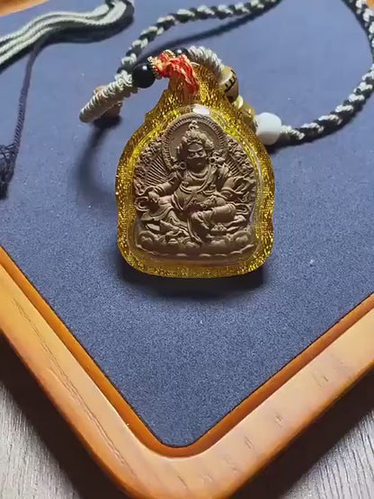 Tibetan Yellow Jambhala Medicine Tsa Tsa Pendant Necklace, Handcrafted Gau Box Amulet, Buddhist Buddha Statue Thangka Charm, Spiritual Gift