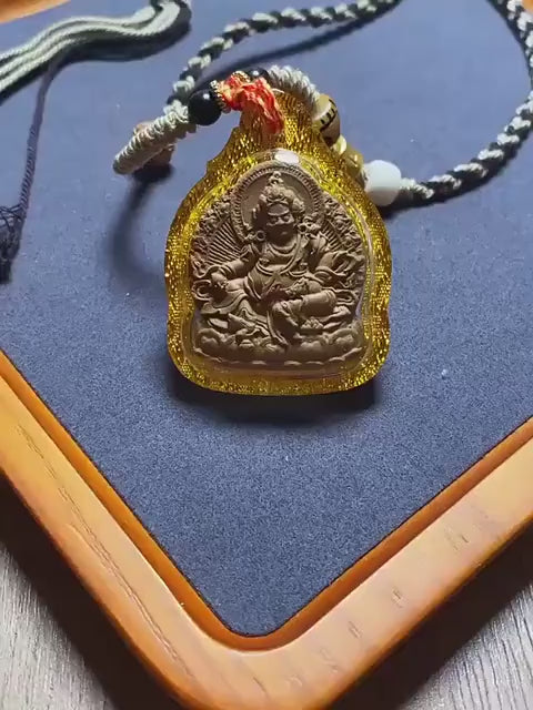 Tibetan Yellow Jambhala Medicine Tsa Tsa Pendant Necklace, Handcrafted Gau Box Amulet, Buddhist Buddha Statue Thangka Charm, Spiritual Gift
