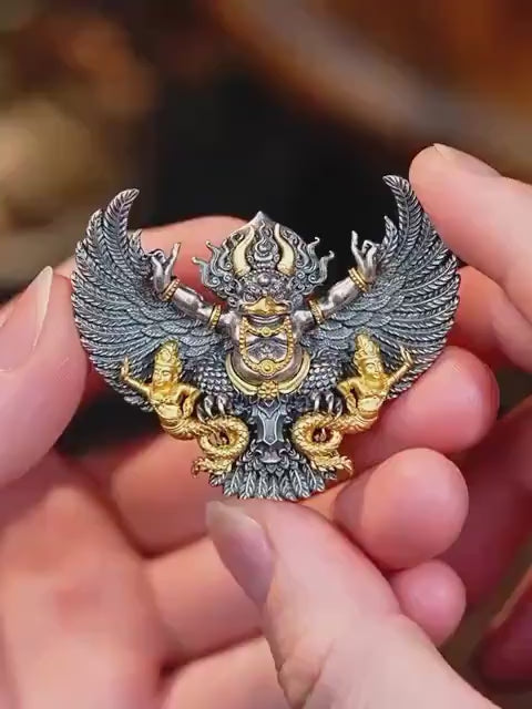 Load video: Handcrafted Garuda Pendant for Men - Solid S925 Sterling Silver Tibetan Buddhist Necklace, Heavy Detailed Chakra Amulet, Vintage Ethnic Jewe