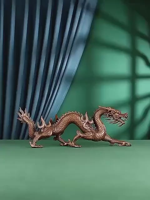 Load video: Handmade Pure Copper Dragon Statue - Chinese Bronze Jiao-Long Sculpture, Zen Home Office Decor, Feng Shui Figurine for Wealth &amp; Protection