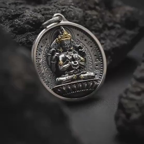 12 Armed Manjushri Pendant 925 Silver 24k Gold Plated, Wisdom Heart Protection Wheel Amulet, Vintage Sacred Buddhist Jewelry Gift