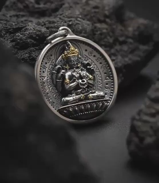 12 Armed Manjushri Pendant 925 Silver 24k Gold Plated, Wisdom Heart Protection Wheel Amulet, Vintage Sacred Buddhist Jewelry Gift