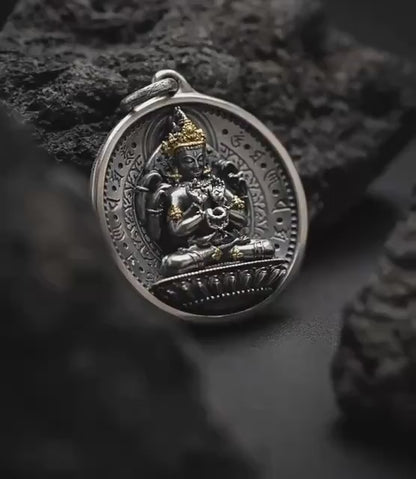 12 Armed Manjushri Pendant 925 Silver 24k Gold Plated, Wisdom Heart Protection Wheel Amulet, Vintage Sacred Buddhist Jewelry Gift