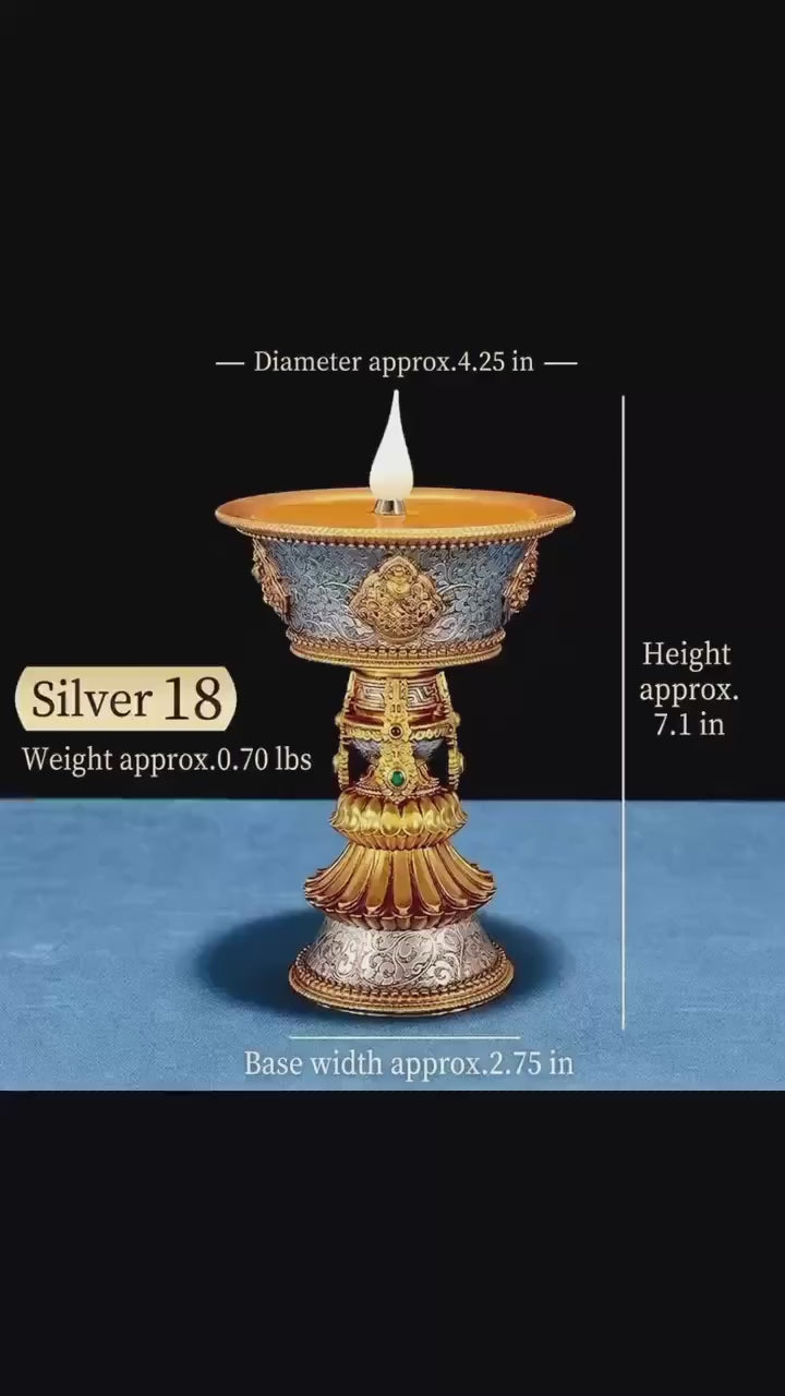 Load video: LED Ghee Lamp Holder 8 Auspicious Symbols, Rechargeable Plug-in Buddhist Altar Supplies, Electronic Candle Holder for Buddha