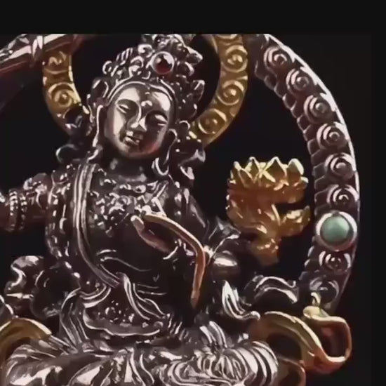 Silver Manjushri Bodhisattva Pendant with gold plated parts