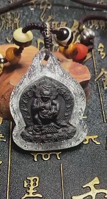 Load video: Black Jambhala Medicine Tsa Tsa Pendant, Tibetan Buddhism Gau Box Necklace, Mini Thangka Amulet, Kubera God of Wealth, Spiritual Monk Gift