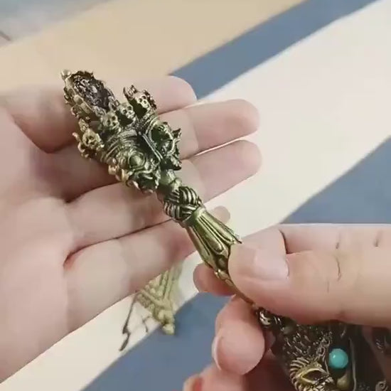 Handcrafted 8.5” Phurba Vajra Dagger Vintage Handmade Nepal Tibetan Pure Brass Amulet