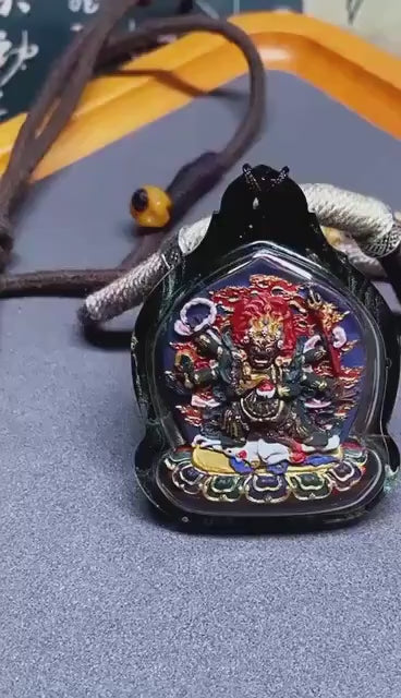 Load video: Handpainted Six Armed Mahakala Tsa Tsa Pendant, Mineral Pigment Miniature Thangka, Tibetan Sacred Clay Amulet, Buddhist Protection Necklace