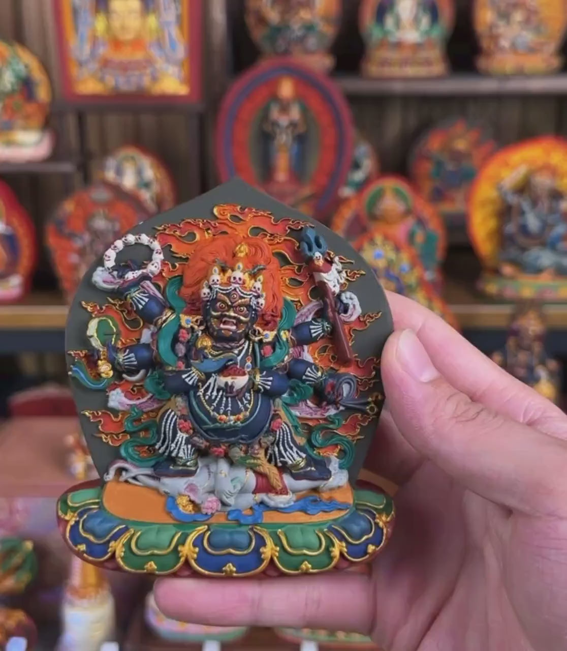 Six-Armed Mahākāla Statue – Hand-Painted Tibetan Buddhist Protector – Handmade in Tibet – Home Altar Shrine Decor
