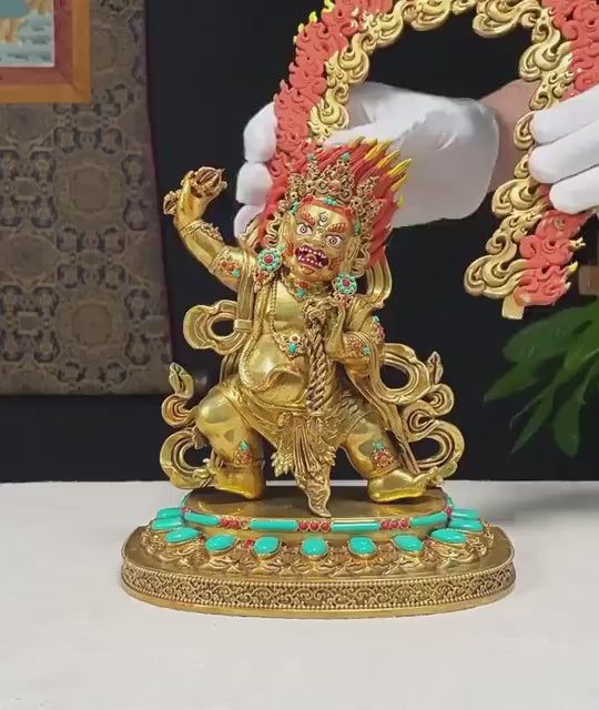 Gilt Brass Vajrapani Statue Wrathful Tibetan Buddhist Deity Mahabala Home Altar Decor Turquoise Inlaid Protection Guardian Bodhisattva