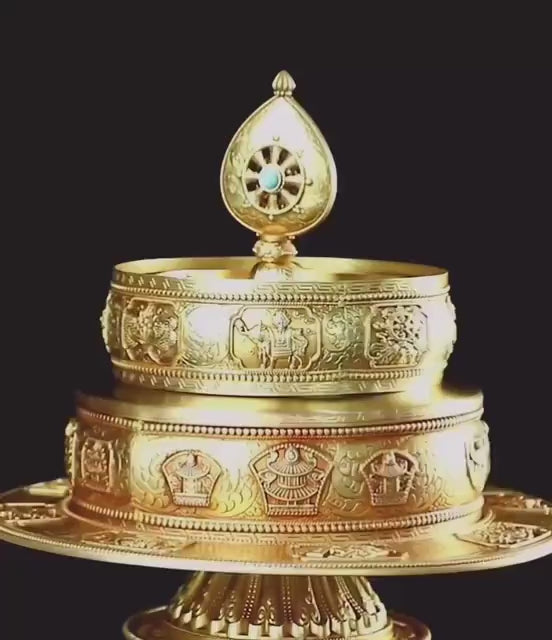 Load video: Handmade Brass Mandala Offering Set: Tibetan Auspicious Symbols, Gemstones