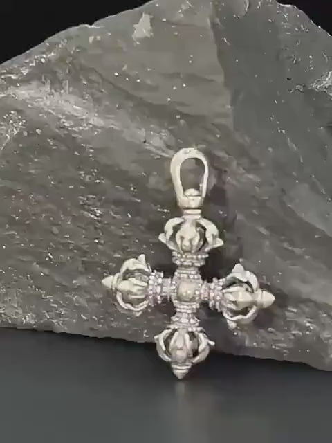 Load video: Vintage 925 Silver Vajra Cross Pendant, Retro Oxidized Dorje Necklace for Men Women, Buddhist Phurba Charm, Punk Gothic Streetwear Jewelry