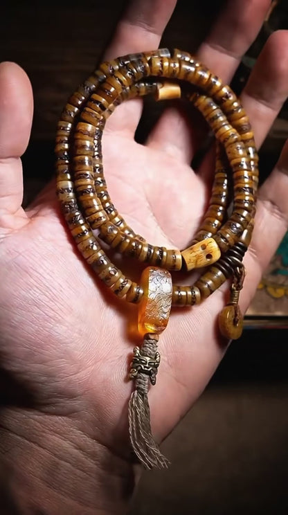 Everest Tibetan Style 108 Bead Mala Necklace, Deer Antler & Coconut Shell Prayer Beads, Meditation Mala, Himalayan Inspired Spiritual Jewelry