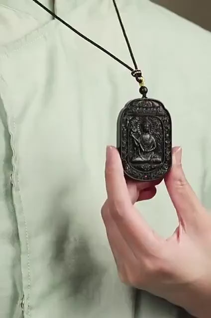 Load video: Ebony Wood Bodhisattva Pendant Necklace, Carved Ebony Amulet, Red Agate Chinese Zodiac Guardian Pendant, Spiritual Gift