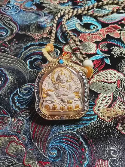 Handpainted Yellow Jambhala Medicine Budda Thangka Necklace, Tsatsa Gau Box Pendant with Incense Ash, Tibetan Buddhist Jewelry, Gift for Him