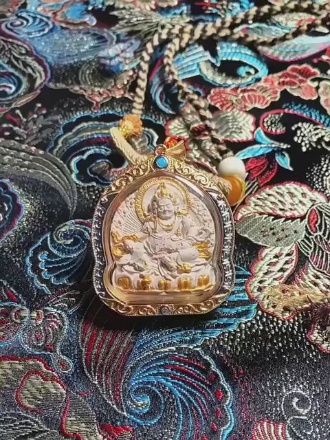 Handpainted Yellow Jambhala Medicine Budda Thangka Necklace, Tsatsa Gau Box Pendant with Incense Ash, Tibetan Buddhist Jewelry, Gift for Him