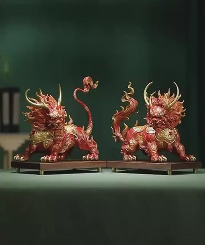 Handcrafted Brass Qilin Statues Pair - Mythical Kirin Sculpture for Home Office Decor, Housewarming & Grand Opening Gift, Feng Shui Art