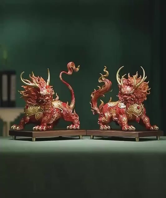 Handcrafted Brass Qilin Statues Pair - Mythical Kirin Sculpture for Home Office Decor, Housewarming & Grand Opening Gift, Feng Shui Art