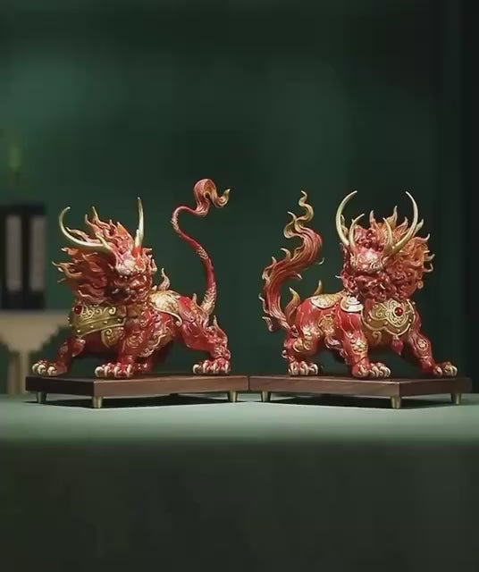 Handcrafted Brass Qilin Statues Pair - Mythical Kirin Sculpture for Home Office Decor, Housewarming & Grand Opening Gift, Feng Shui Art