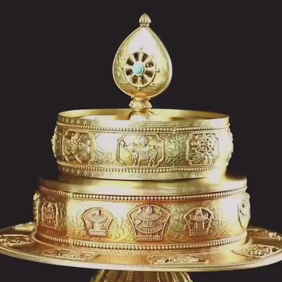 10” Handmade Brass Mandala Offering Set Tibetan Eight Auspicious Symbols, 2 lbs free gem included