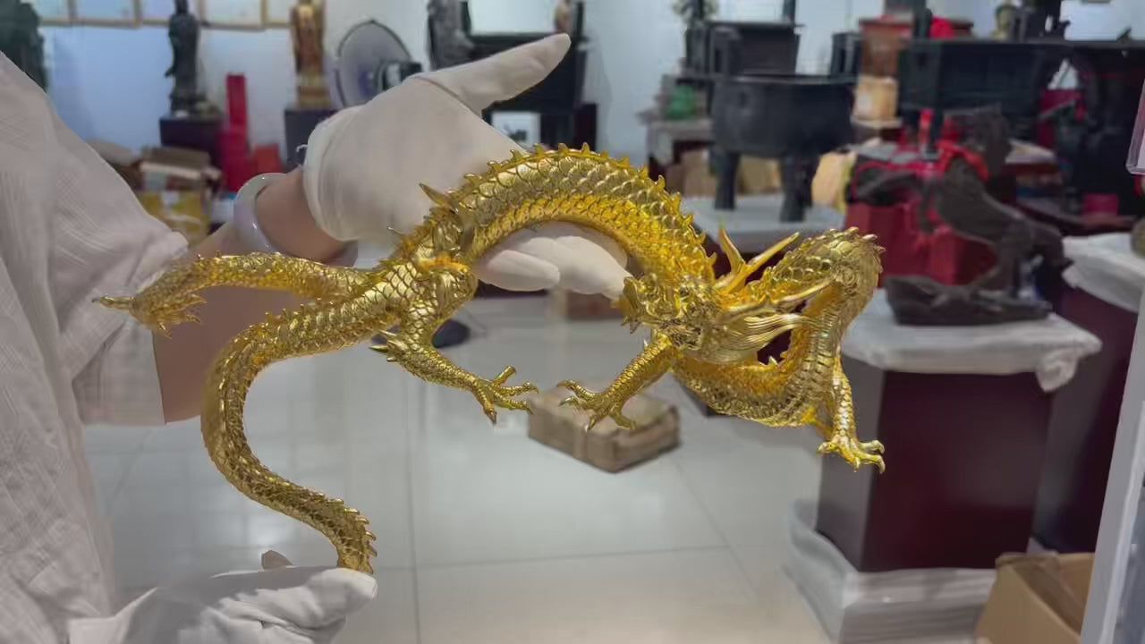Load video: EverestArtStudios Multicolor Handcrafted Brass Dragon Statue: Tibetan Feng Shui Decor