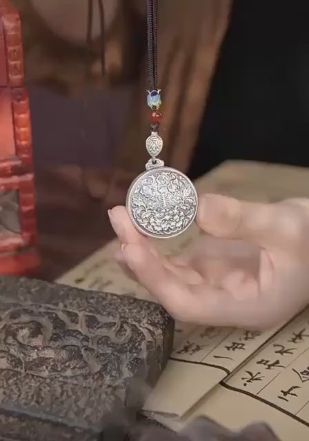 Load video: 999 Fine Silver Retro Enamel Flower Pendant, Pure Silver Disc Necklace Ornament, National Style Round Plate Sweater Chain Jewelry Gift