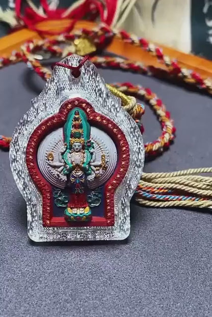Handpainted Thousand-Hand Guanyin Tsa Tsa, Tibetan Miniature Thangka Pendant, Sacred Ash Avalokiteshvara Amulet Buddhist Necklace