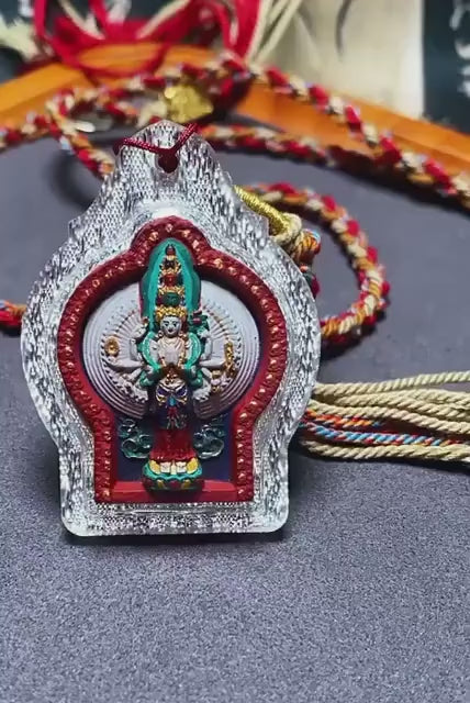 Load video: Handpainted Thousand-Hand Guanyin Tsa Tsa, Tibetan Miniature Thangka Pendant, Sacred Ash Avalokiteshvara Amulet Buddhist Necklace