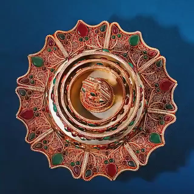 Load video: Nepali Handmade Silver Plated Filigree Mandala Plate, 10cm Inlaid Gemstones Buddhist Altar Offering, Tibetan Ritual Item