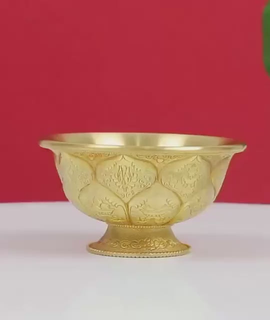 Load video: Tibetan Brass Water Offering Bowls 3.15" 3.94", Buddhist Lotus Ritual Cup, Eight Auspicious Symbols Holy Water Cup, Alter Meditation Gift
