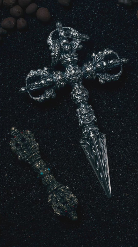 Sterling Silver Tibetan Phurba Pendant: Vajra Kila Amulet Necklace