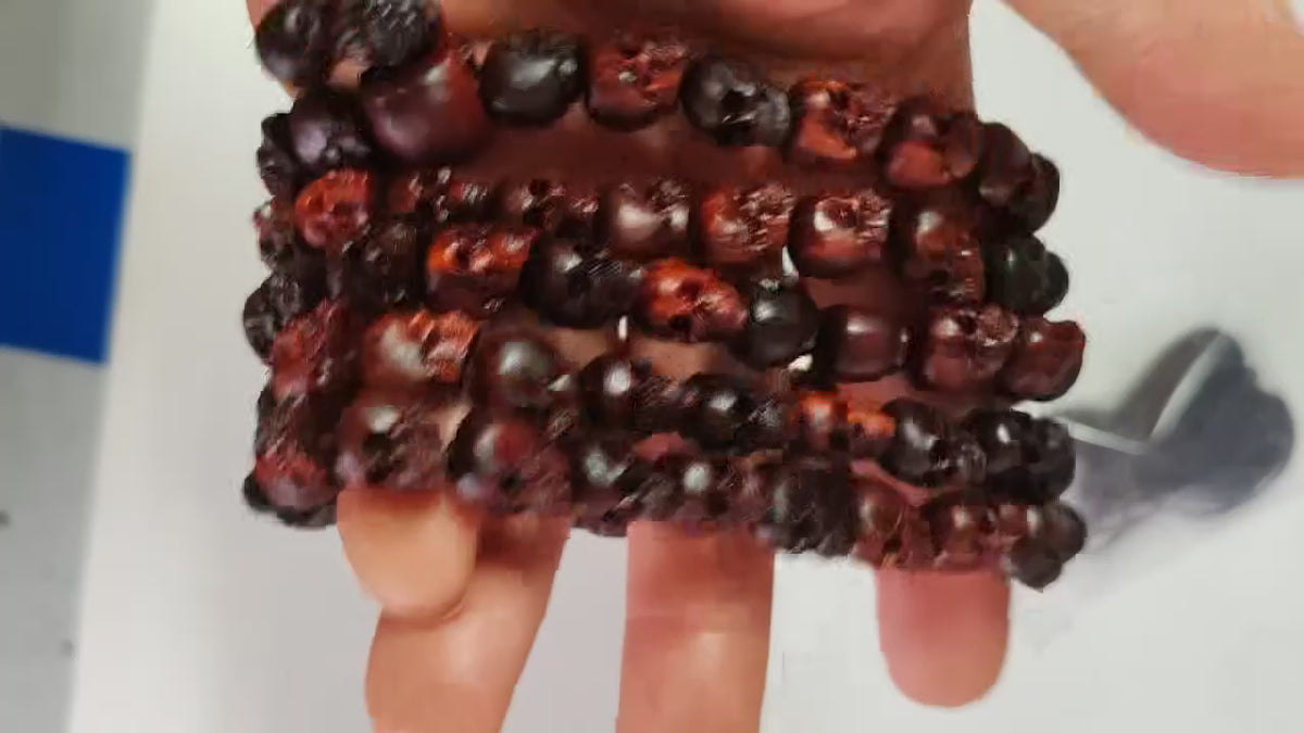 Load video: Natural Red Sandalwood Skull Mala Bracelet: Tibetan Buddhist Prayer Beads