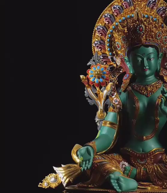 Load video: Handcrafted Green Tara Brass Statue: Nepalese Buddhist Deity