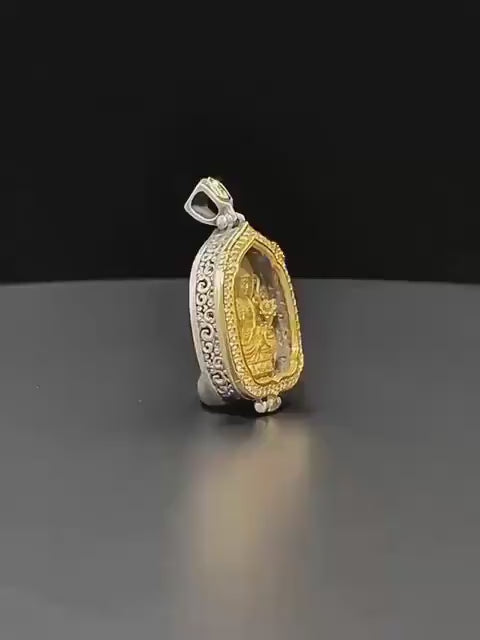 Gold Plated 925 Sterling Silver Lotus Leaf Gau Box Pendant, Vintage Handcrafted Prayer Box Necklace with White CZ Diamond, Mindful Keepsake
