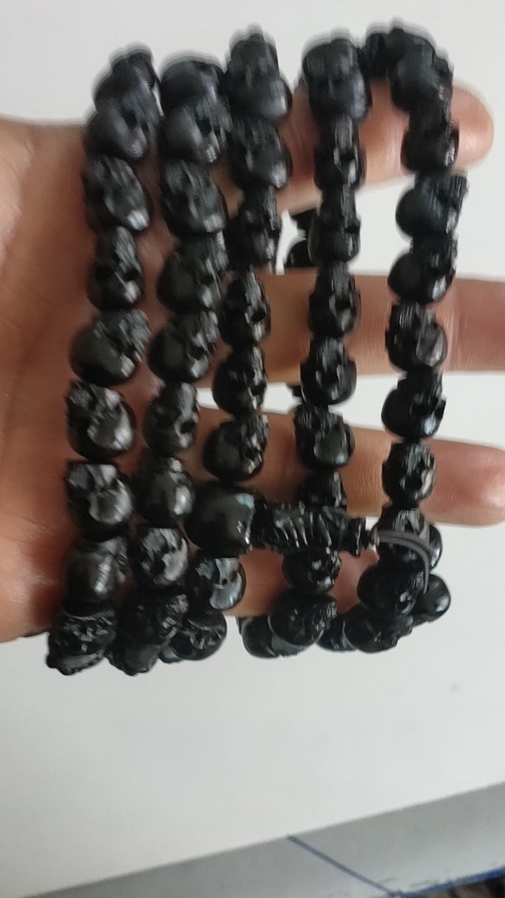 Load video: Natural Black Sandalwood Skull Mala Bracelet: Tibetan Buddhist Prayer 108 Beads