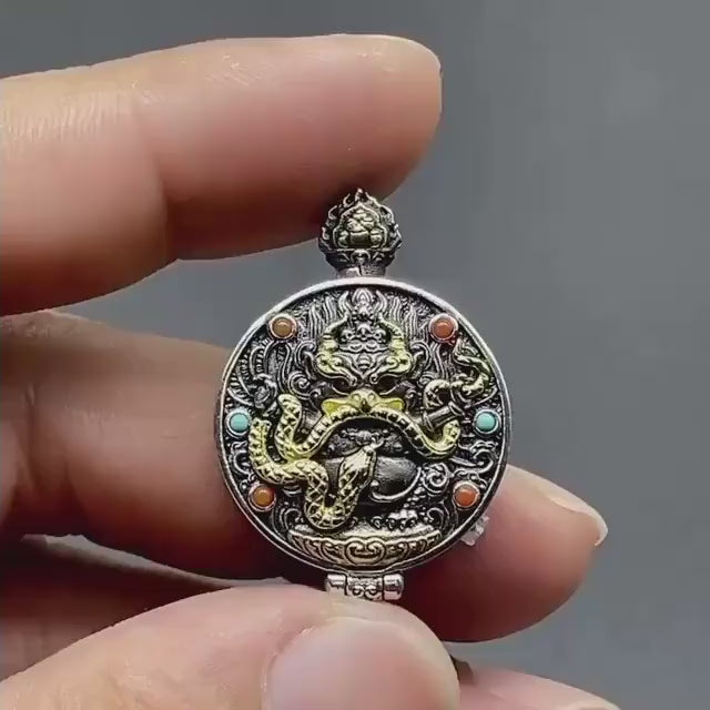 Load video: Handcrafted S925 Silver Brass Garuda Gau Box Pendant Openable Locket Turquoise Agate Tibetan Necklace Charm Gift for Him Her