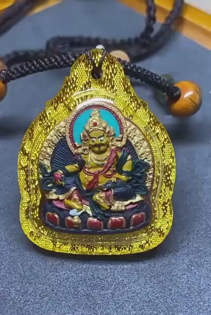 Hand-Painted Yellow Jambhala Thangka Pendant, Mineral Pigments Tibetan Buddhist Tsa Tsa Necklace, Spiritual Protection Amulet, Zen Jewelry