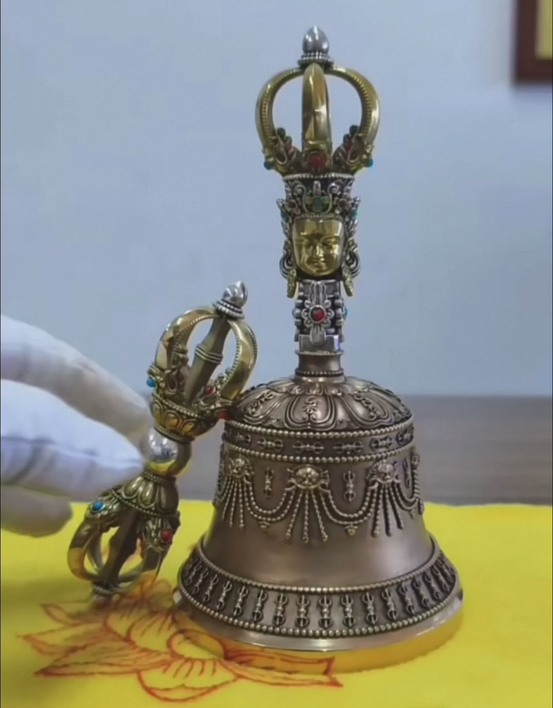 Load video: Handcrafted Silver Tibetan Bell &amp; Dorje Set Buddhist Meditation Decor