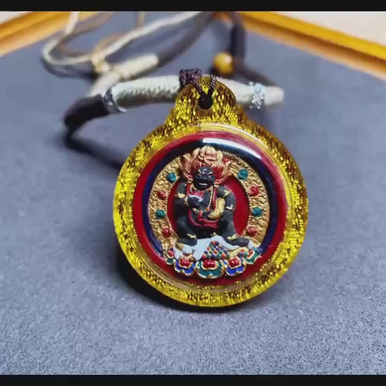 Hand-Painted Black Jambhala Medicine Tsa Tsa Necklace, Tibetan Buddhist Thangka Amulet, Mineral Pigment Folk Art, Spiritual Gift for Wealth