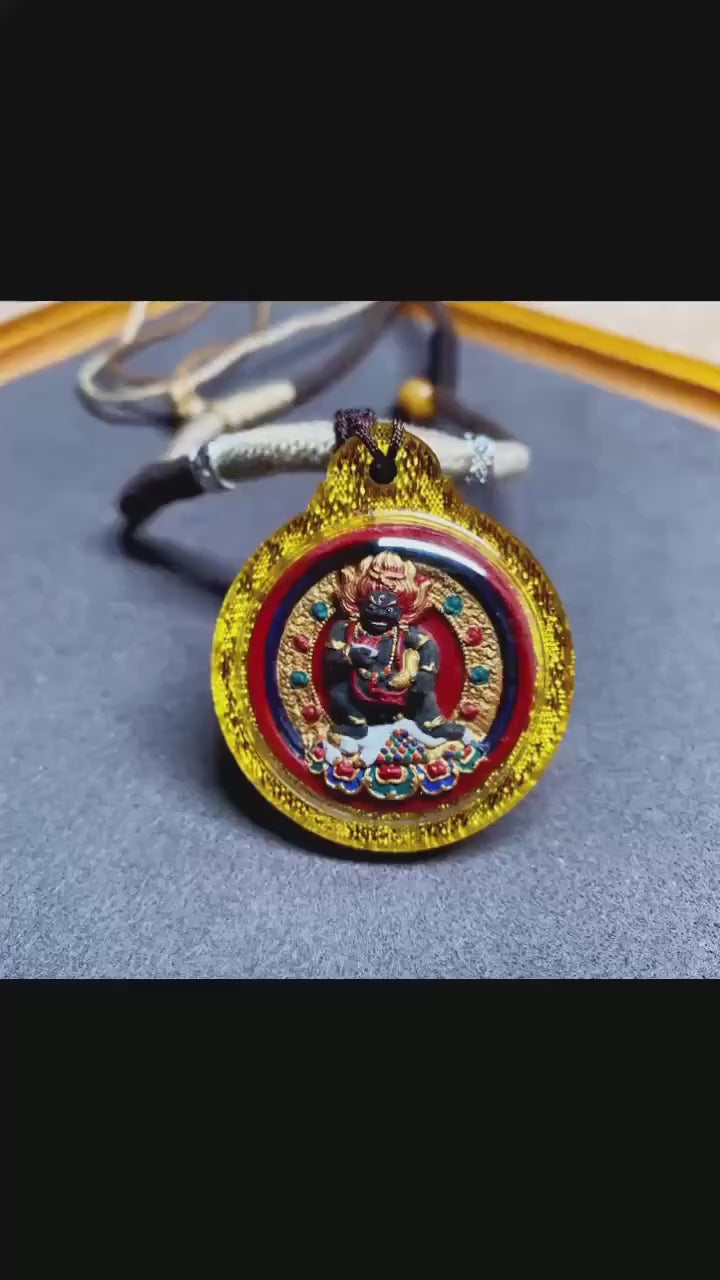 Hand-Painted Black Jambhala Medicine Tsa Tsa Necklace, Tibetan Buddhist Thangka Amulet, Mineral Pigment Folk Art, Spiritual Gift for Wealth