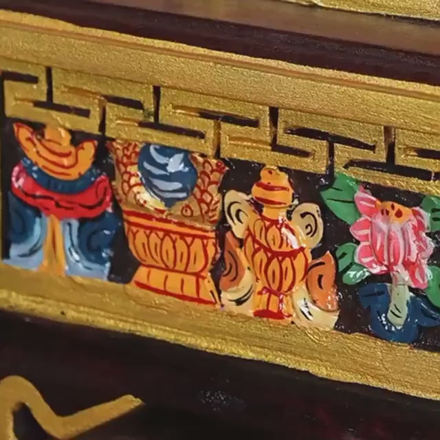 Nepalese Handpainted Wooden Tibetan Incense Burner Box, Eight Auspicious Symbols Incense Holder, Vintage Sacred Buddhist Home Decor Gift